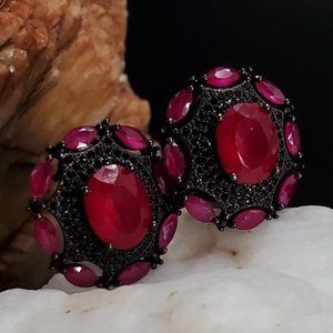 Sterling Silver 925 Black Rhodium Raw Ruby Black Spinel Stone Pave